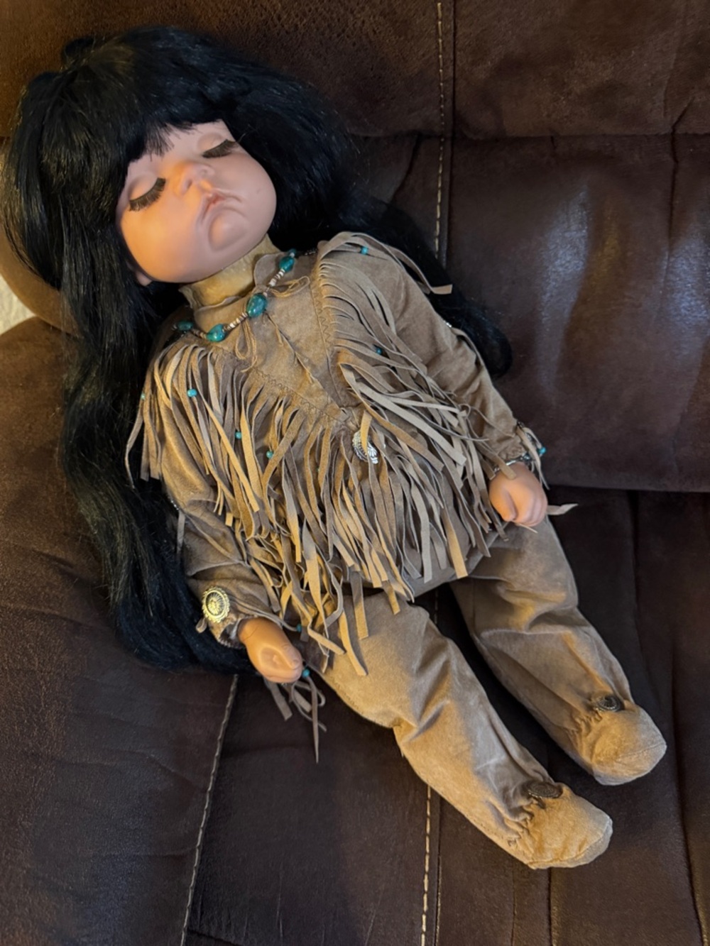 Vintage Sweet Sleeping Indian Baby Doll in Faux Leather Fringed One Piece Outfit